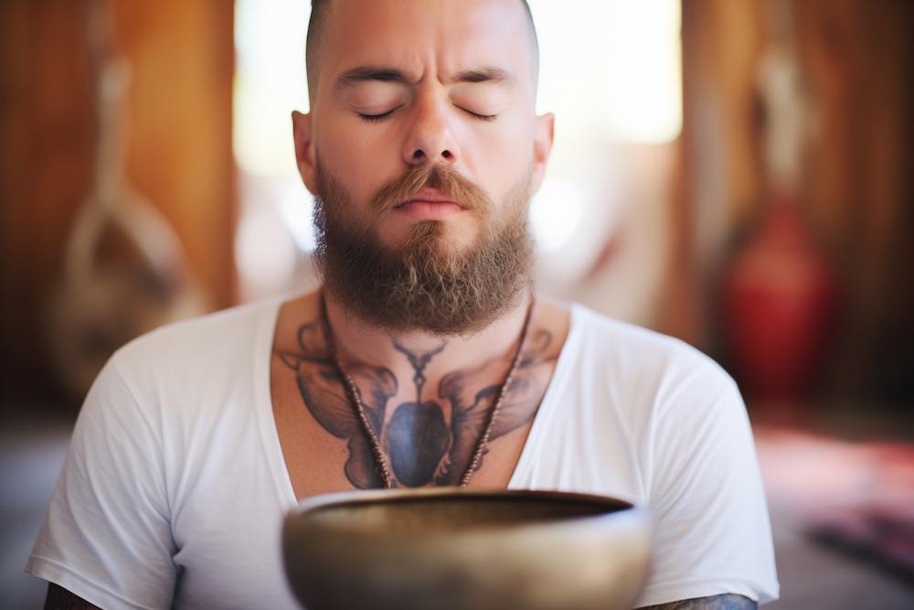 kille som gör meditation med gongbad med klangskålar