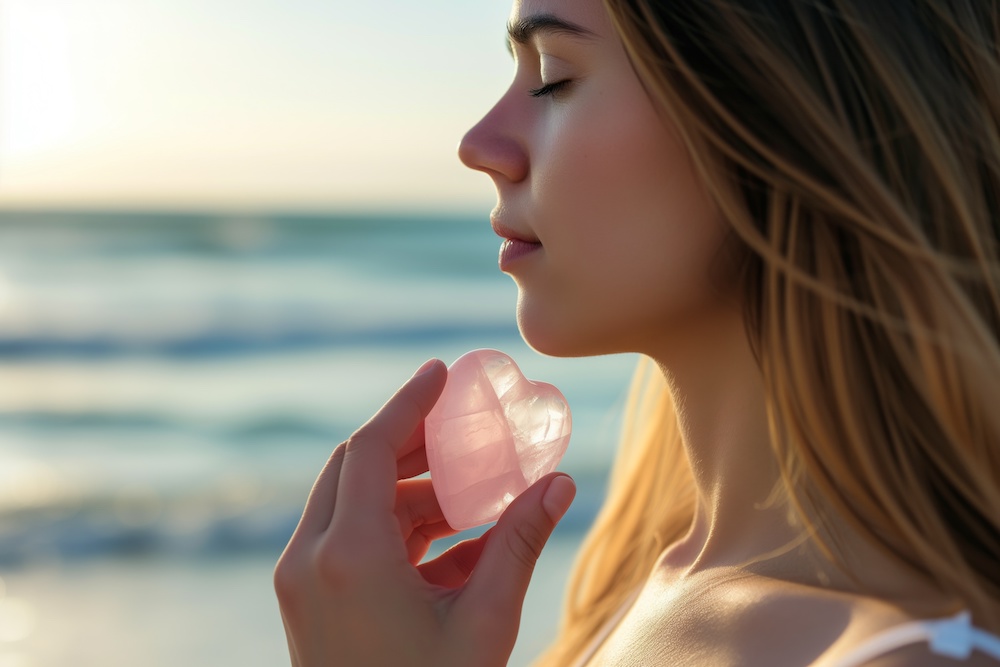 kvinna på en strand som håller i en rosa kristall